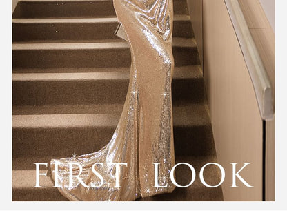 Sequin Off-Shoulder Evening Gown Cap-Sleeve Sheath