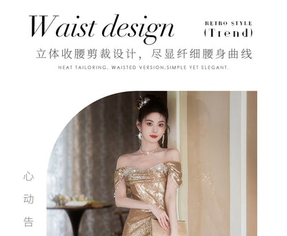 Sequin Off-Shoulder Evening Gown Cap-Sleeve Sheath