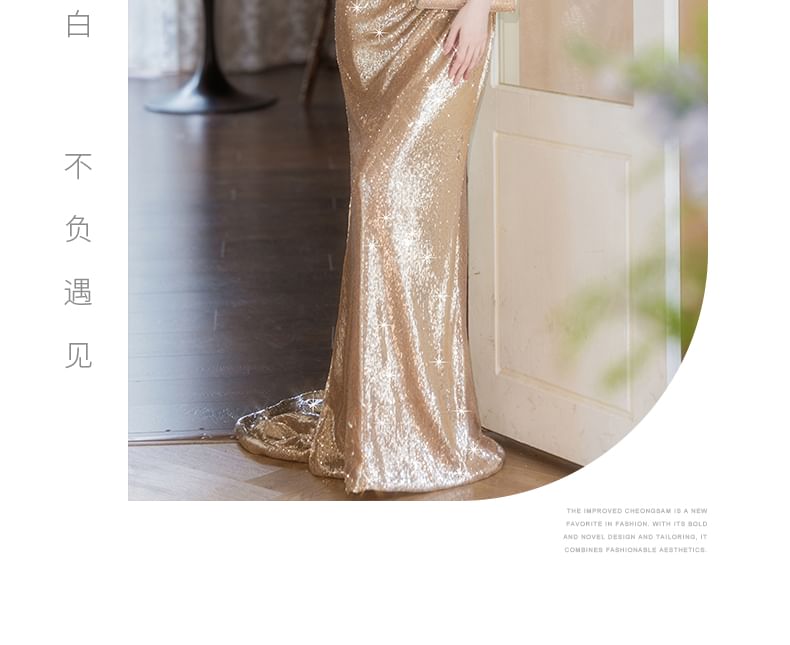 Sequin Off-Shoulder Evening Gown Cap-Sleeve Sheath