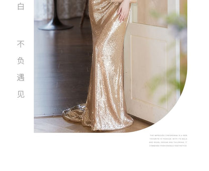 Sequin Off-Shoulder Evening Gown Cap-Sleeve Sheath