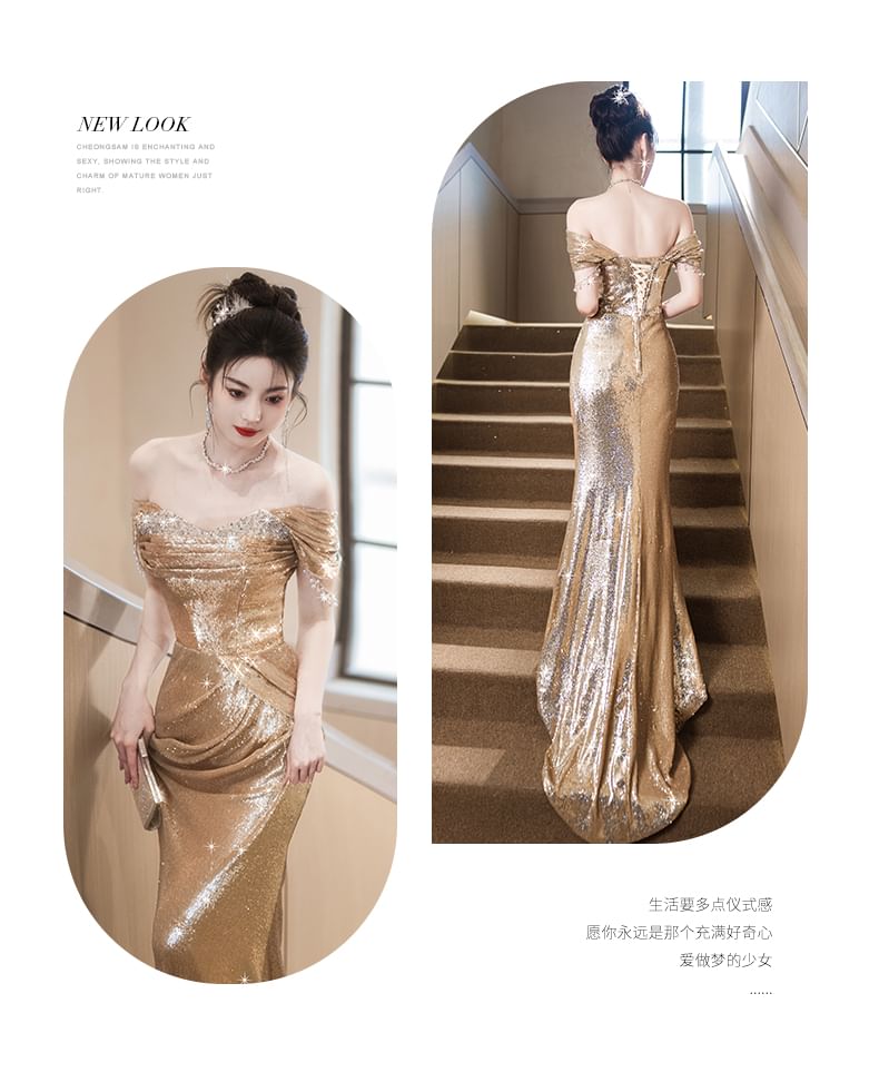 Sequin Off-Shoulder Evening Gown Cap-Sleeve Sheath