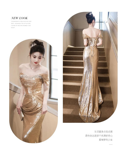 Sequin Off-Shoulder Evening Gown Cap-Sleeve Sheath