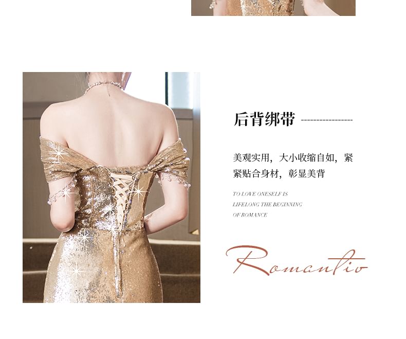 Sequin Off-Shoulder Evening Gown Cap-Sleeve Sheath