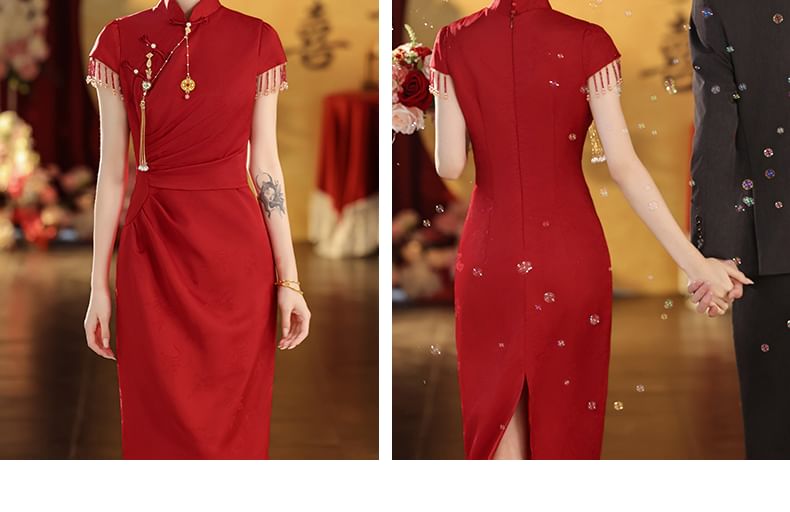 Cap-Sleeve Jacquard Beaded Tassel Midi Chinese Wedding Qipao Dress