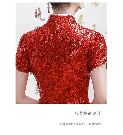 Short-Sleeve Sequin Midi Chinese Wedding Qipao Dress