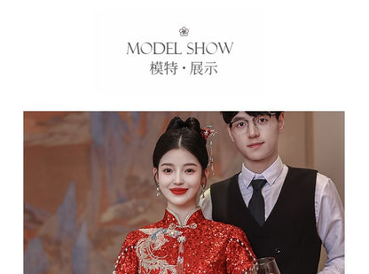 Short-Sleeve Sequin Midi Chinese Wedding Qipao Dress