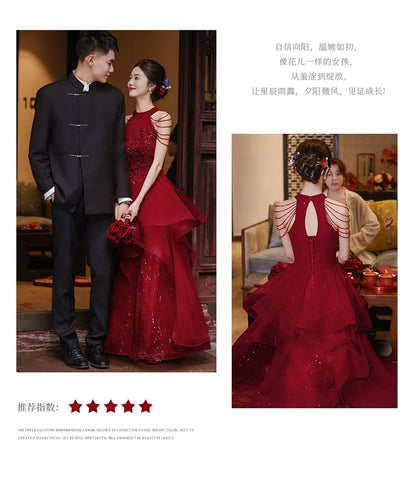 Gown Sleeveless Evening A-Line Sequin Layered