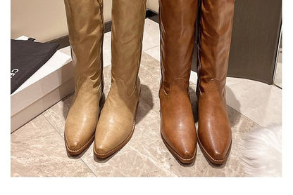 Leather Heel Boots Tall Faux Chunky