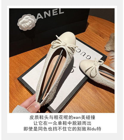 Faux Leather Panel Bow Accent Tweed Flats Egirldoll