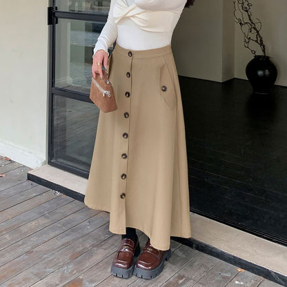 Plus Size High Waist Plain Buttoned Maxi A-Line Skirt