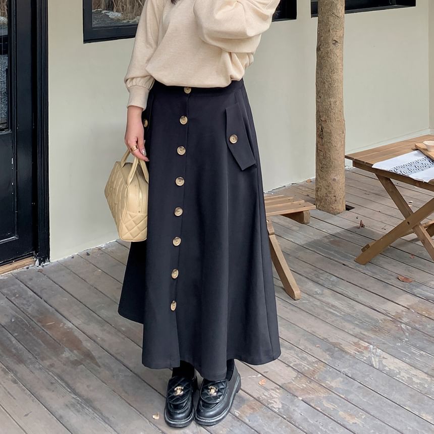 Plus Size High Waist Plain Buttoned Maxi A-Line Skirt