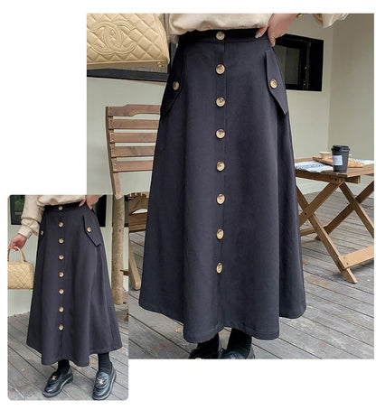 Plus Size High Waist Plain Buttoned Maxi A-Line Skirt