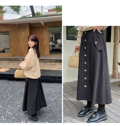 Plus Size High Waist Plain Buttoned Maxi A-Line Skirt