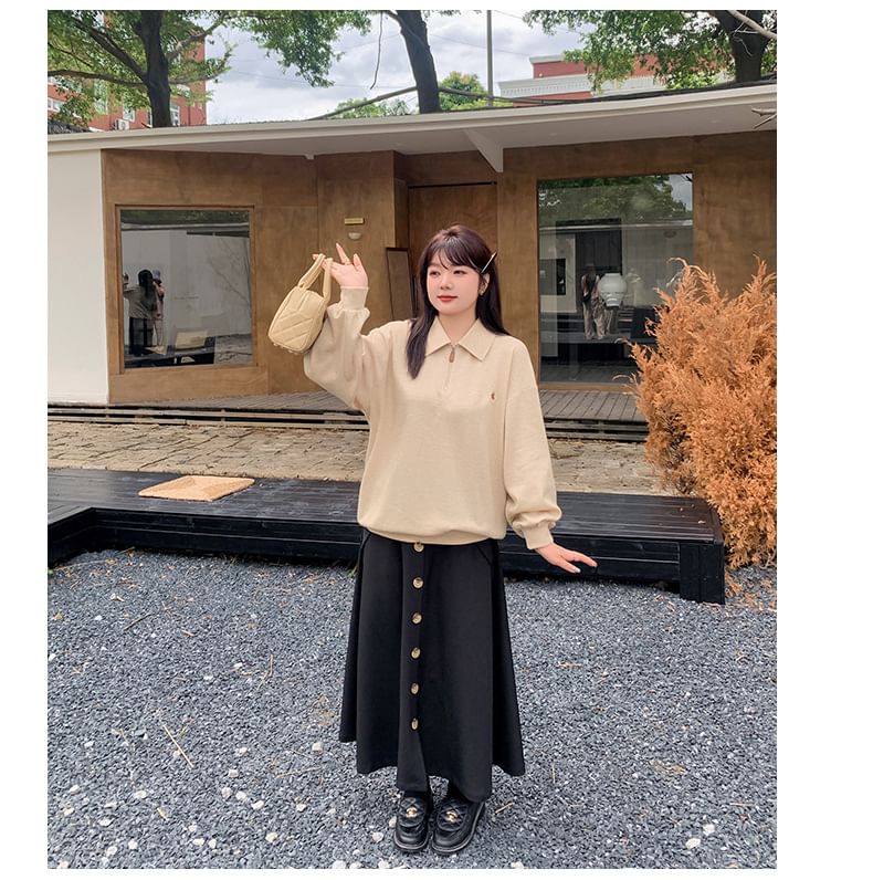 Plus Size High Waist Plain Buttoned Maxi A-Line Skirt