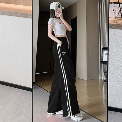 High Rise Bow Print Striped Loose-Fit Wide-Leg Sweatpants