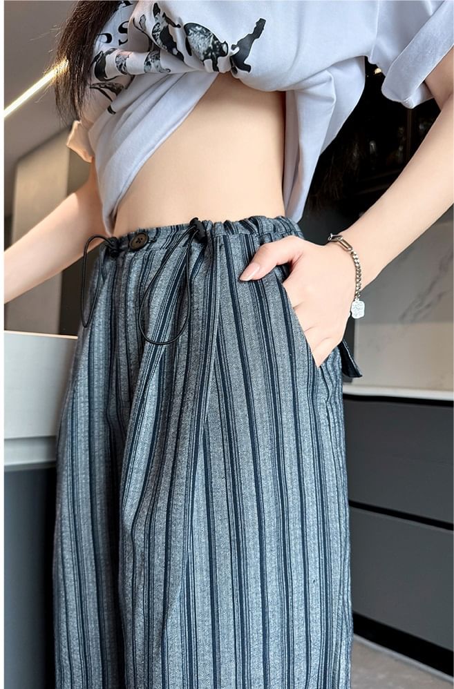 Stripe High Rise Drawstring Wide Leg Pants