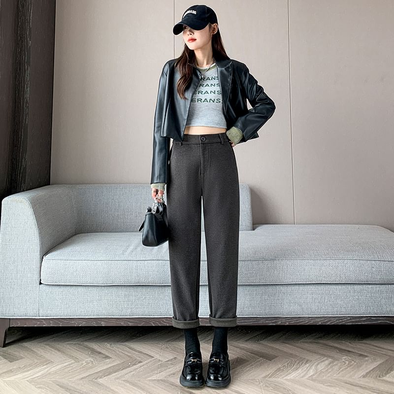 Plain High Rise Straight Cut Crop Knit Dress Pants