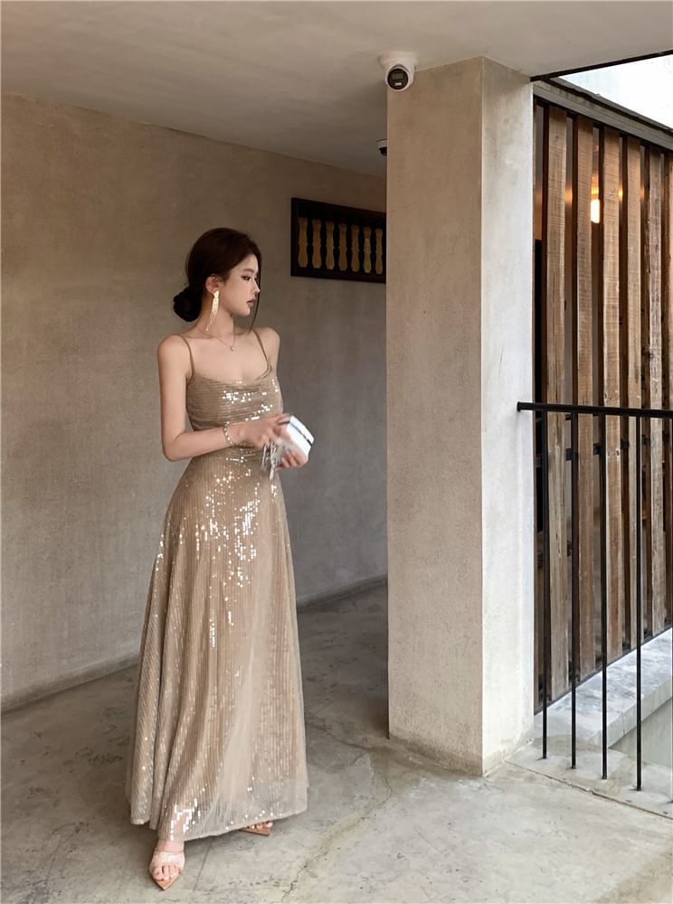 Spaghetti Strap Sequin A-Line Evening Dress