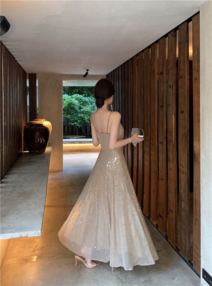 Spaghetti Strap Sequin A-Line Evening Dress
