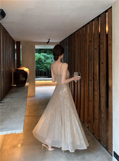 Spaghetti Strap Sequin A-Line Evening Dress