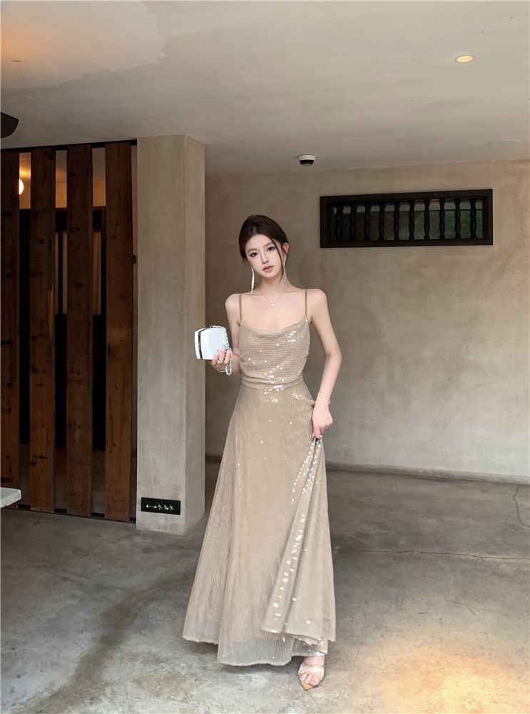 Spaghetti Strap Sequin A-Line Evening Dress
