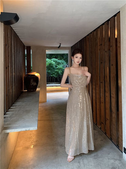 Spaghetti Strap Sequin A-Line Evening Dress