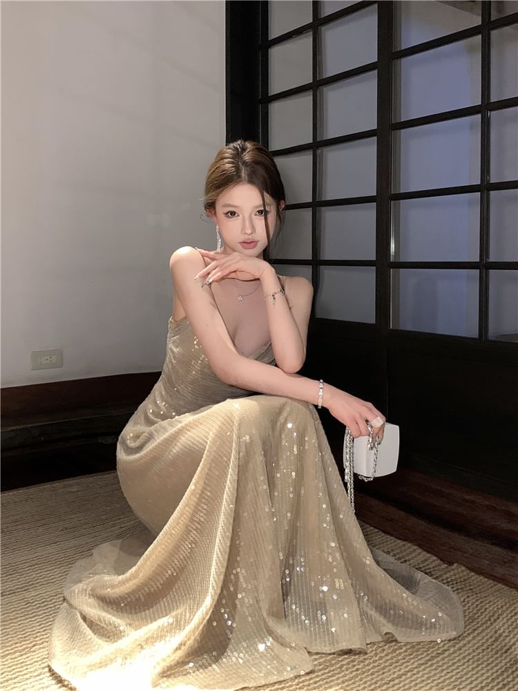 Spaghetti Strap Sequin A-Line Evening Dress