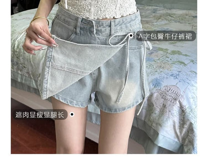 High Waist Asymmetrical Tie Side Mini A-Line Denim Skort