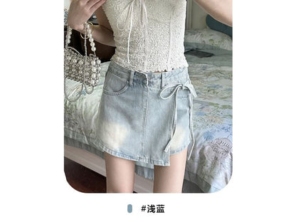 High Waist Asymmetrical Tie Side Mini A-Line Denim Skort