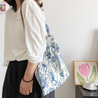 Floral Print Canvas Tote Bag