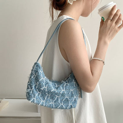 Bow Washed Perforated Denim Shoulder Bag