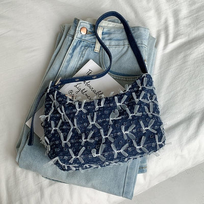 Bow Washed Perforated Denim Shoulder Bag