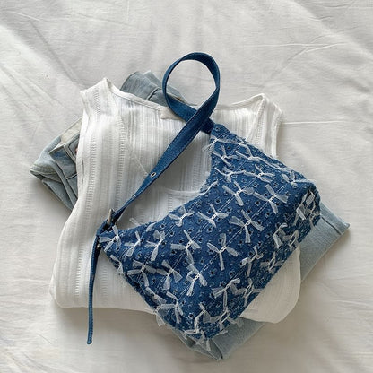 Bow Washed Perforated Denim Shoulder Bag