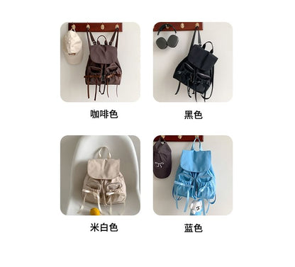 Plain Bow Accent Drawstring Nylon Flap Backpack