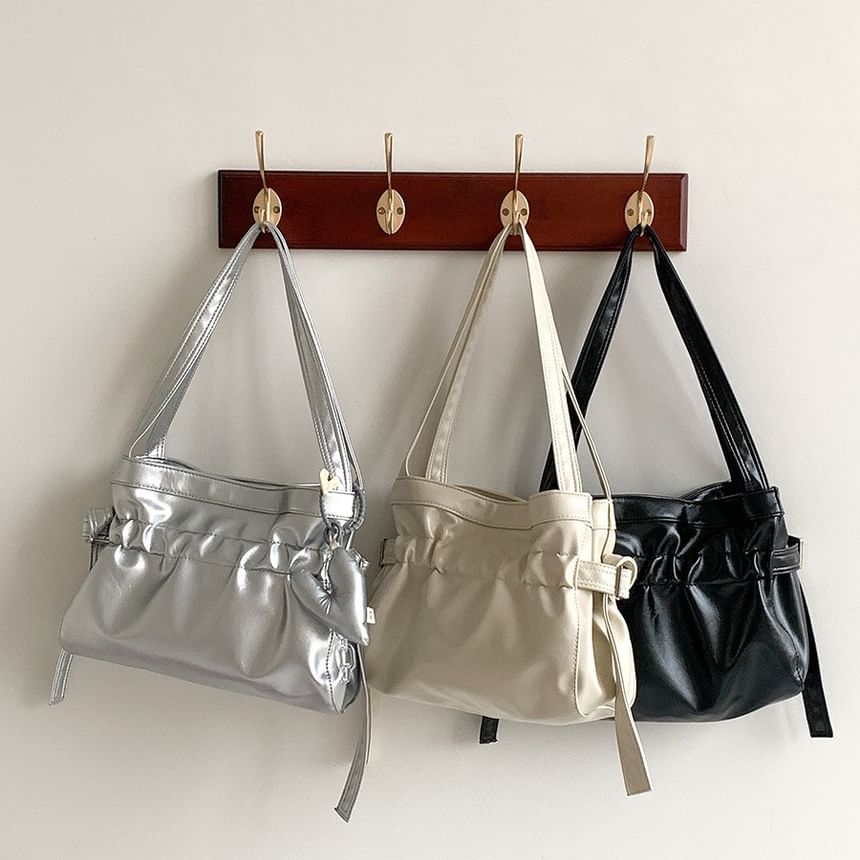 Plain Drawstring Faux Leather Tote Bag