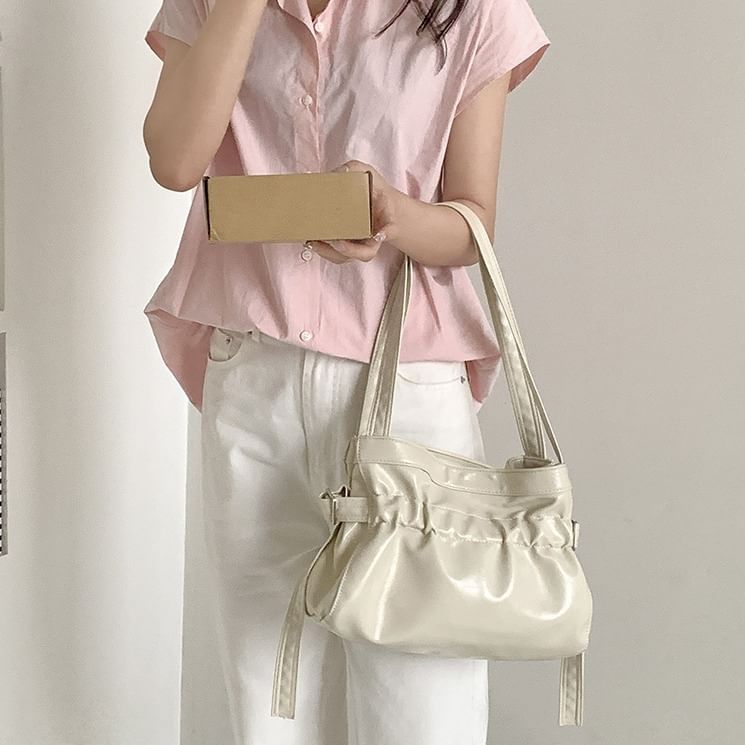 Plain Drawstring Faux Leather Tote Bag