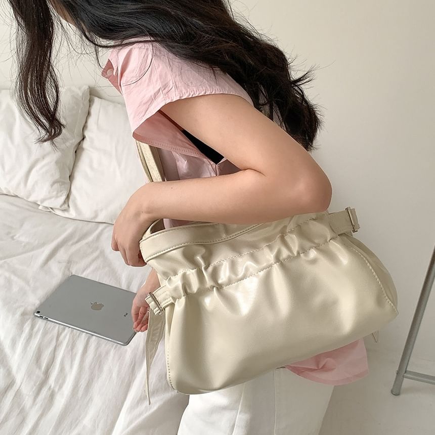 Plain Drawstring Faux Leather Tote Bag