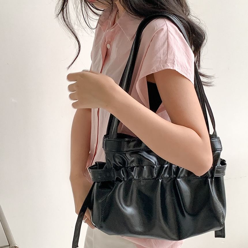 Plain Drawstring Faux Leather Tote Bag