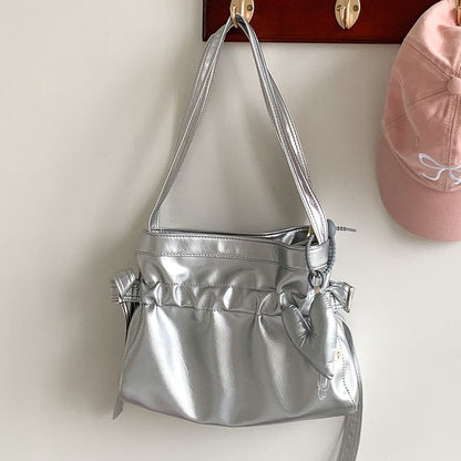 Plain Drawstring Faux Leather Tote Bag