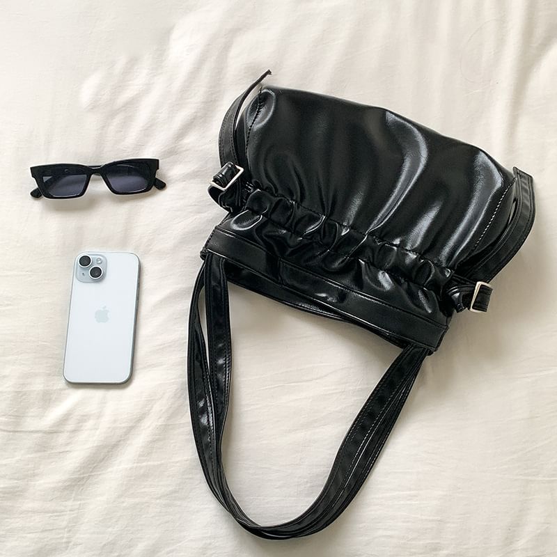 Plain Drawstring Faux Leather Tote Bag