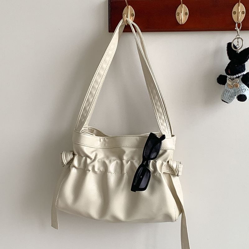 Plain Drawstring Faux Leather Tote Bag