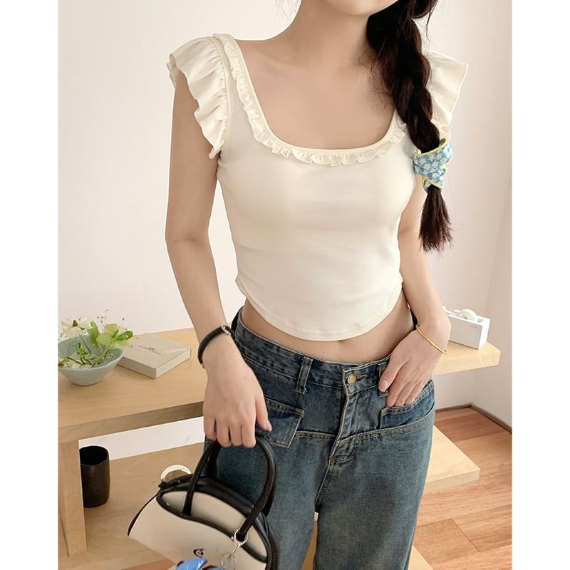 Cap-Sleeve Scoop Neck Plain Ruffle Tee