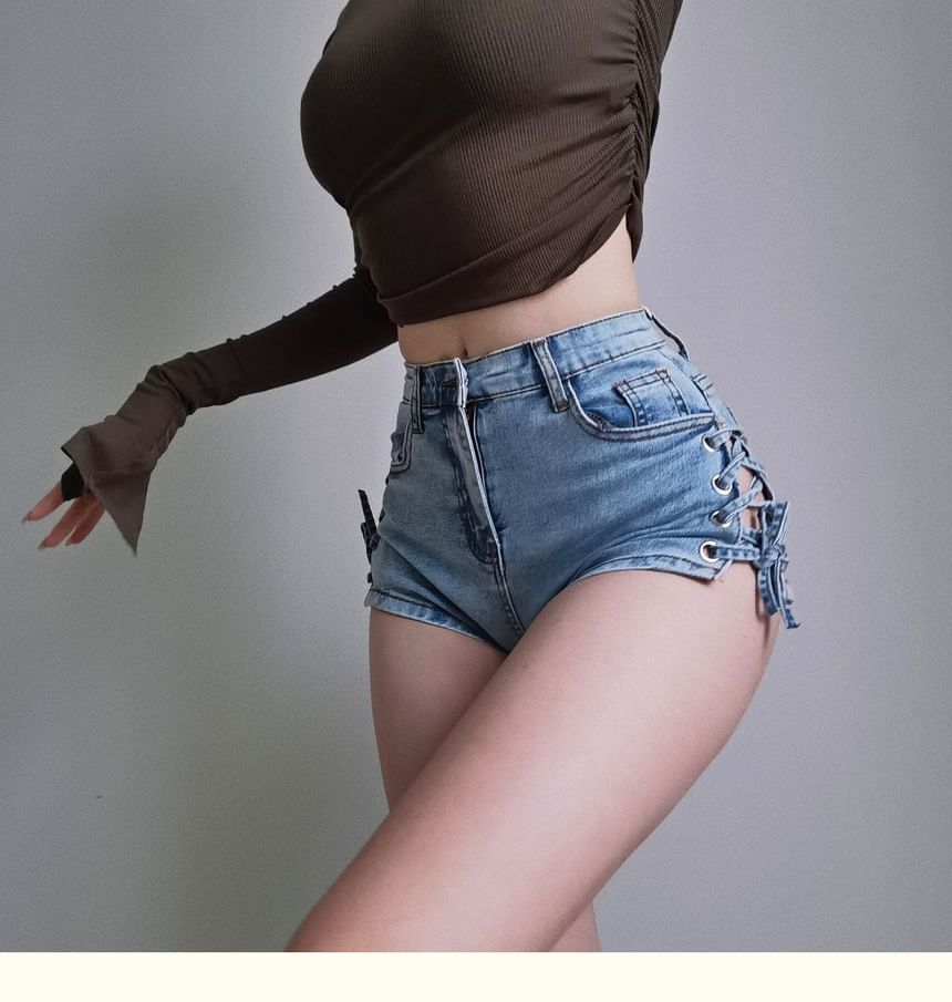 Lace Up-Side High-Waist Denim Shorts