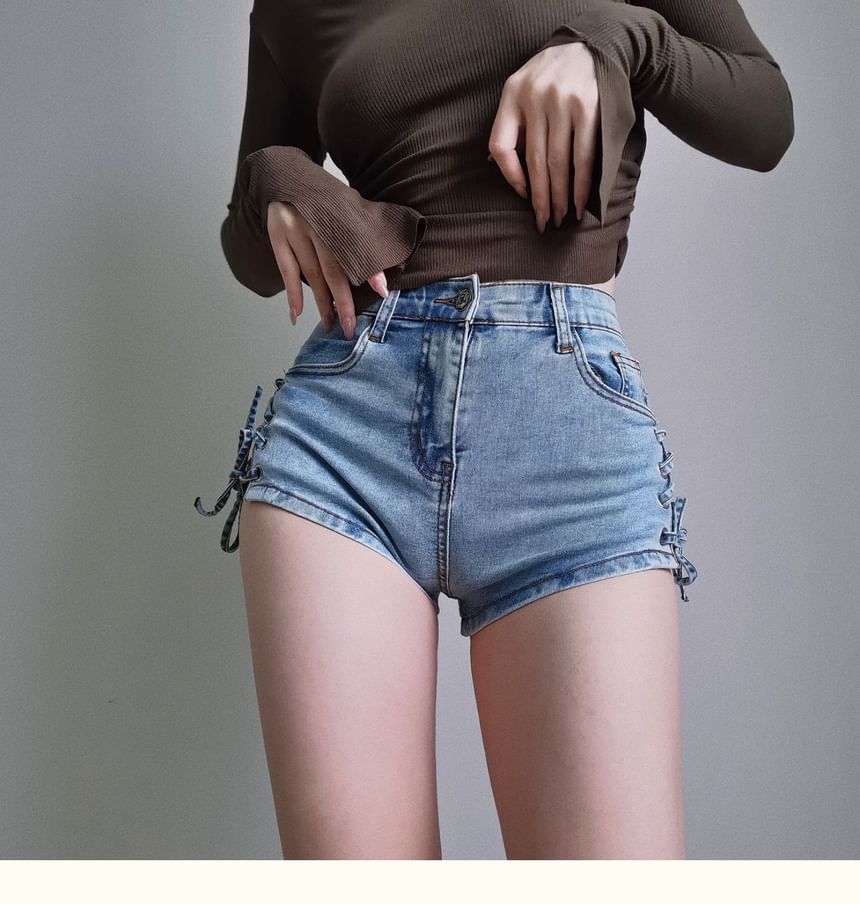 Lace Up-Side High-Waist Denim Shorts