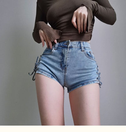 Lace Up-Side High-Waist Denim Shorts
