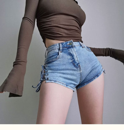 Lace Up-Side High-Waist Denim Shorts