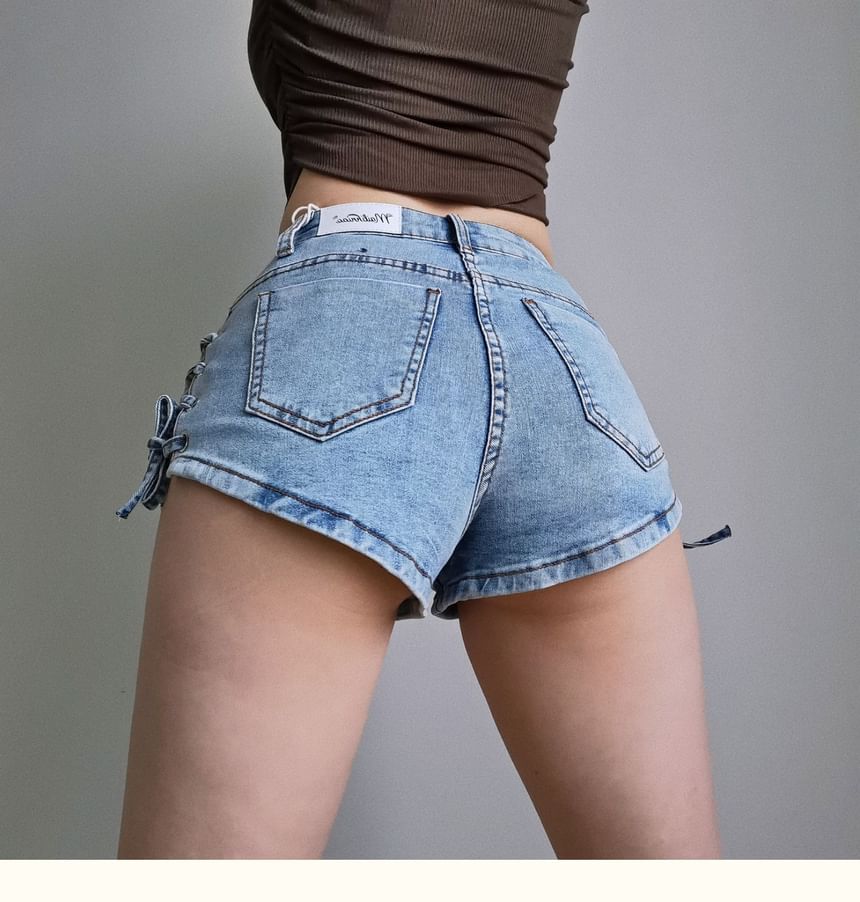 Lace Up-Side High-Waist Denim Shorts