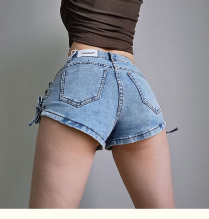 Lace Up-Side High-Waist Denim Shorts