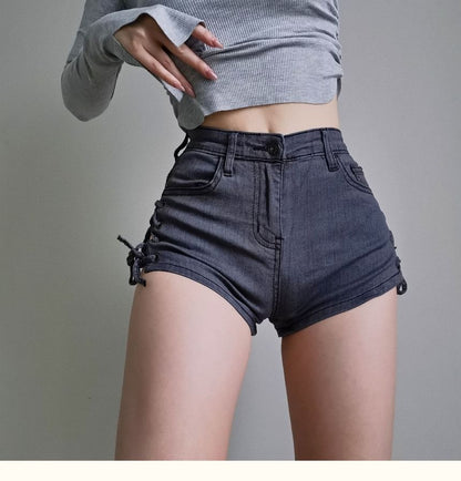 Lace Up-Side High-Waist Denim Shorts