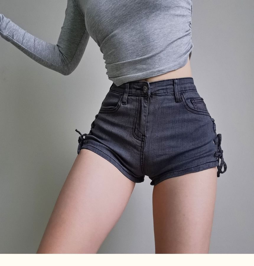 Lace Up-Side High-Waist Denim Shorts